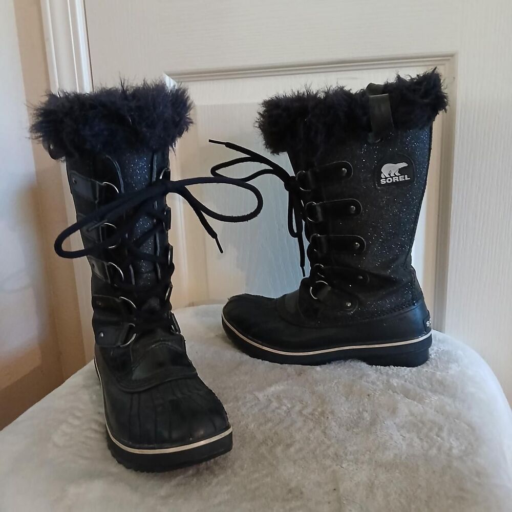 Sorel Tofino Black Glitter Waterproof Snow Boots 6.5 Gorpcore Y2K Mcbling Ski